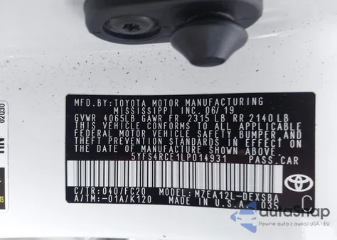 2020 Toyota Corolla Se z USA, uszkodzony, nr VIN 5YFS4RCE1LP014931